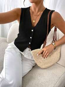 Frenchy Top de tirantes de mujer de un solo abotonado de unicolor y escote en V, versátil y casual - Negro - Ver 7