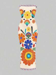 Vestido ajustado con estampado floral retro y estilo bohemio casual para mujeres, adecuado para vacaciones de verano - Multicolor 4 - Ver 5