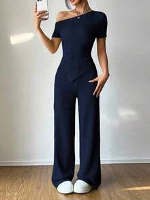 Set de 2 piezas: Camiseta con hombro asimétrico + Pantalones de pierna ancha y cintura baja, Ropa de estar en casa casual - Azul marino - Ver 1