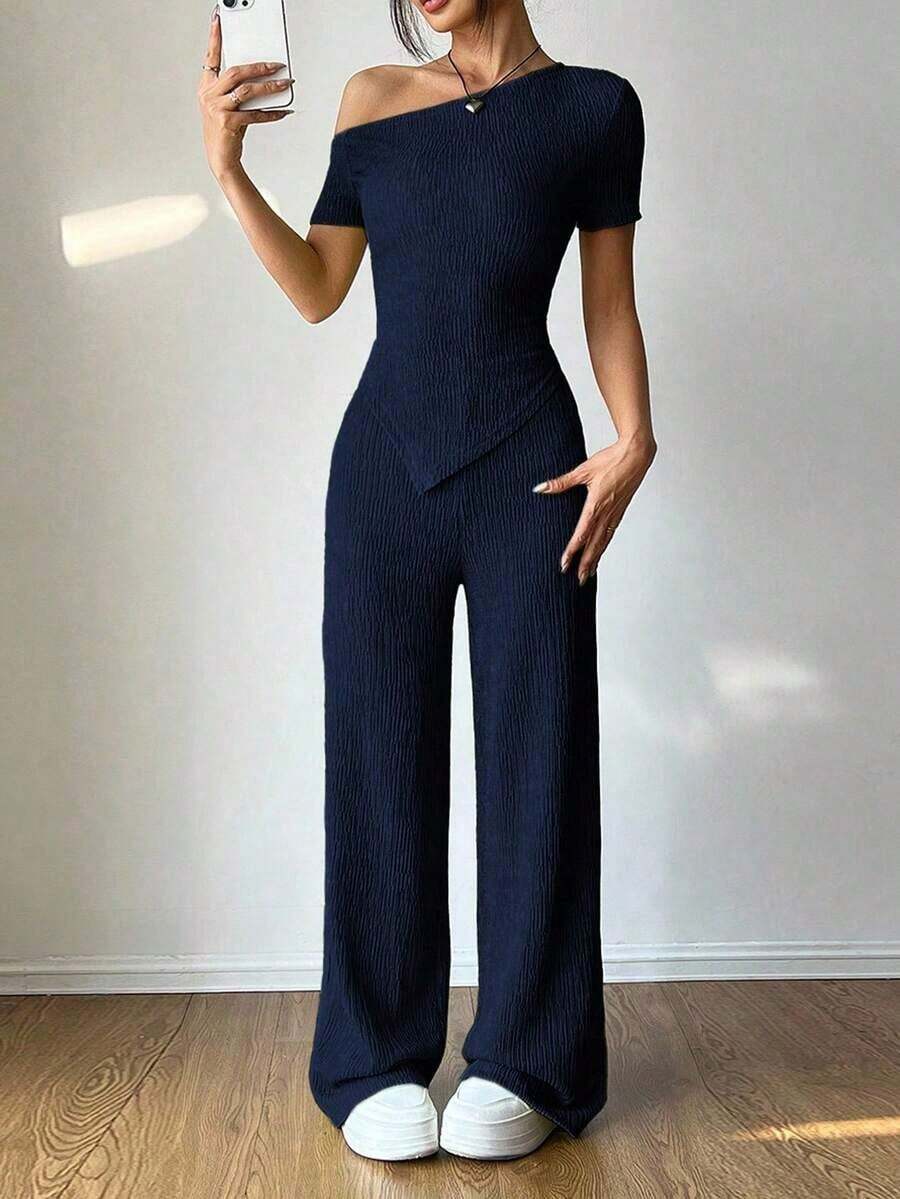 Set de 2 piezas: Camiseta con hombro asimétrico + Pantalones de pierna ancha y cintura baja, Ropa de estar en casa casual - Azul marino - Ver 1