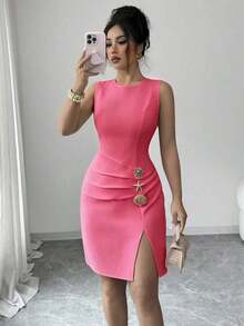 Vestido corto sin mangas de mujer de unicolor, elegante, con cuello redondo, plisado, con abertura en el bajo, con botones de metal con forma de estrella de mar y concha, adecuado para fiestas, citas, trabajo, uso diario, temporada de verano, graduación, vuelta al cole, Día del Maestro - Rosa Fucsia - Ver 4