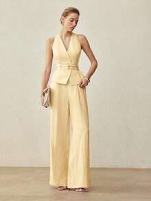 PREMIUM CHALECO DE LINO CON DOBLE LAZO EN LA CINTURA, PRIMAVERA/VERANO - Amarillo - Ver 4