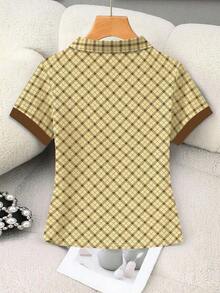 Camisa polo corta de mujer con estampado a rayas de equitación, cuello de color contrastante - Multicolor 8 - Ver 2