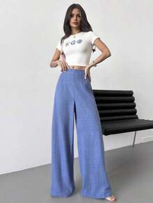 Pantalones anchos de cintura alta y pierna ancha para mujer, color azul, adecuados para la playa, el aeropuerto, de estilo modesto - Azul - Ver 7