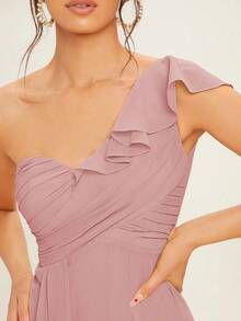 Vestido de dama de honor con un hombro y recorte de volantes, vestido elegante - Rosa vieja - Ver 6
