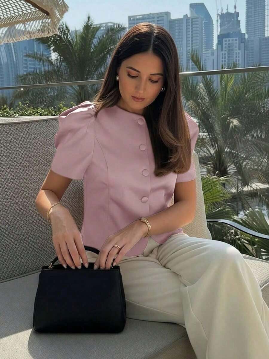 Elegante blusa de mujer de cuello redondo en color marrón, con mangas abullonadas, diseño de cierre con botones delanteros, chaqueta de blazer de manga corta de moda, verano negro - Rosa - Ver 1