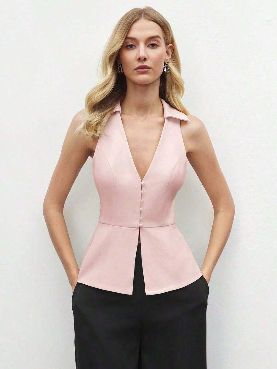 Blusa sin mangas de cuello blanco para mujer, de estilo urbano moderno y elegante, versátil para uso diario, con un toque retro de los 90.Adecuada para Navidad, Año Nuevo, San Valentín, fiestas, playa, graduación, moda, festivales, vacaciones, in - Rosa - Ver 1