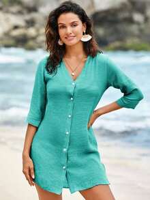 Swim Vcay Kimono transparente de manga larga sólido para mujer, ideal para vacaciones en la playa y piscina en verano - Verde - Ver 3