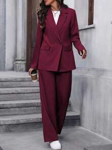 Conjunto de traje informal de mujer con solapa, manga larga y holgado - Burdeos - Ver 7