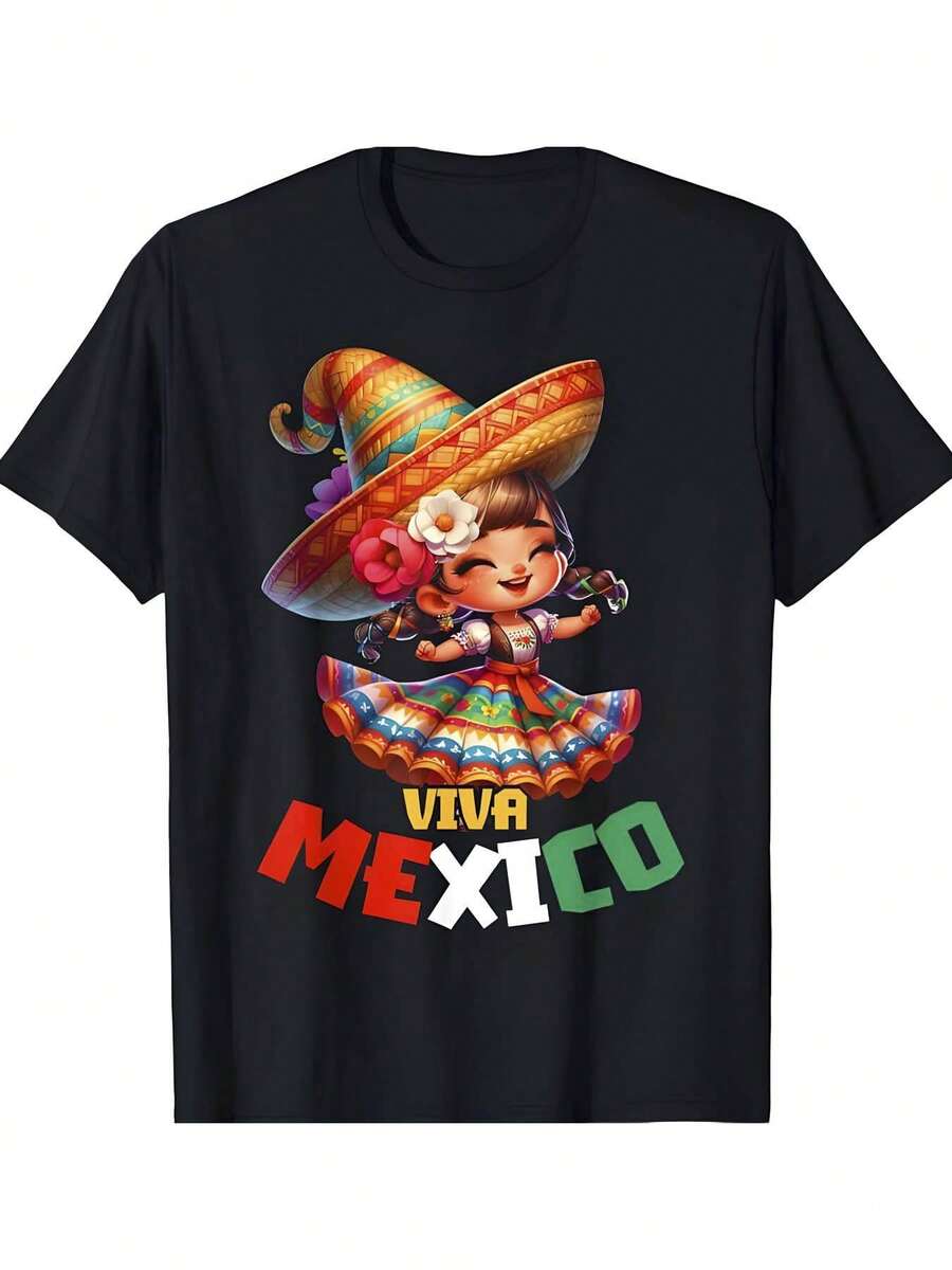 Women's T-Shirt With A Cheerful Mexican Print, Short Sleeves, And A Round Neck. A Casual And Conventional Style Made Of Comfortable Fabric Suitable For All Seasons. Ideal For Everyday Wear And Promotional Use. Stylish And Beautiful T-Shirts For Women, Perfect For Independence Day, Our Lady's Day, Day Of The Dead, All Saints' Day, And Christmas. - 黑色 - 查看 1