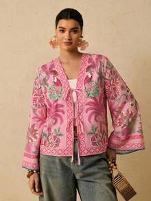Camisa casual versátil de uso diario con estampado floral y nudo delantero para mujer de talla grande - Rosa - Ver 6