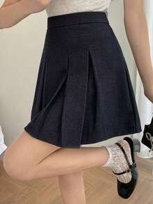 Falda pantalón plisada de unicolor para mujer con estilo informal universitario - Azul - Ver 6