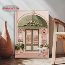 2D Flat, 2D Flat, 1pc 2D Wooden Frame Canvas Art Featuring A Parisian Patisserie Poster, Showcasing A Pink Bakery Illustration With An Outdoor Table. This Elegant Paris Print Is Perfect For Drating Kitchens Or Dining Rooms And Makes A Lovely - đóng khung - Xem 6