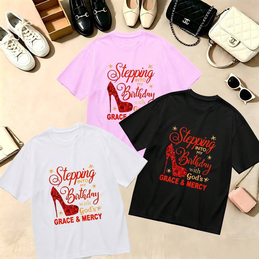Choose One Of The Three Sets Women's T-Shirt Retro, Vintage, Streetwear, Summer Vibes, Casual Crewneck, Short Sleeve Top, 100% Cotton, Oversized, Soft Breathable, Stepping Into Birthday With Gods Grace & Mercy, Religious Gift For Women - 白色 - 查看 1
