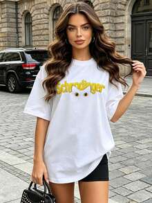 Camiseta de manga corta con cuello redondo, suave y casual para mujer, con estampado gráfico del gato de Schrödinger, adecuada para usar en primavera y verano. Negro. - Blanco - Ver 2