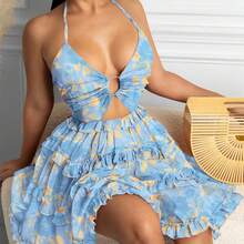 Vestido primavera mujer estampado, estilo sensual, escote al cuello con tirantes, calados y corte en capas - Azul - Ver 9