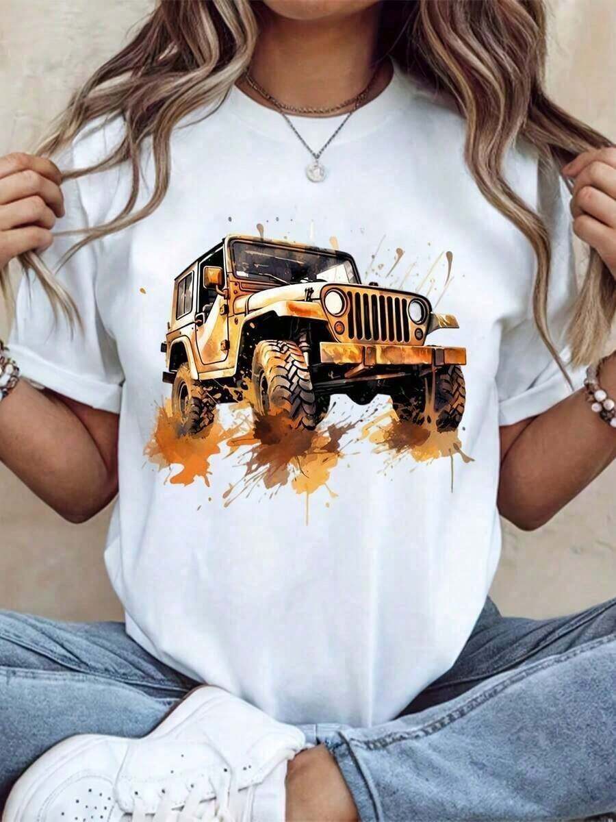 1 pieza JEEPS Camiseta de algodón estampada para mujeres, de manga corta y cuello redondo, perfecta para actividades al aire  uso casual, 180g 100% algodón suave100% Cotton - Blanco - Ver 1