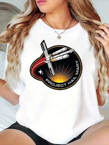 Women's Casual Short Sleeve T-Shirt With "Rescue Plan" Project Hail Mary Mission Badge Print - Women's Casual Crew Neck T-Shirt, Soft Polyester Blend, Loose Fit, Spring/Summer Fashion Essential. - 白色 - 查看 12