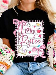 1 camiseta personalizada de maestra estilo coquette, camiseta preppy para el regreso a clases, camiseta de maestra coquette para el primer día de clases, camiseta femenina rosa con lazo coquette, camisetas para el equipo de maestras, regalo personalizable para ella, madre, hija, maestra, enfermera, temporada de juegos, 100% algodón, tallas S-2XL, 180g Algodón 100%. - Blanco - Ver 8