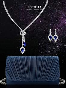 Noctella Modische plissierte Klappe Abendtasche, elegante einfarbige Satin Damen Party Tasche, neue quadratische Umhängetasche, kombiniert mit funkelndem Strass Halskette und Ohrring Schmuckset, geeignet für Party Mädchen und Damen, perfekt für Frauen, die Partys, Hochzeiten, Abschlussbälle, Abendessen/Bankette besuchen, auch ein ideales Geschenk für Frauen. - marineblau - Übersicht 11