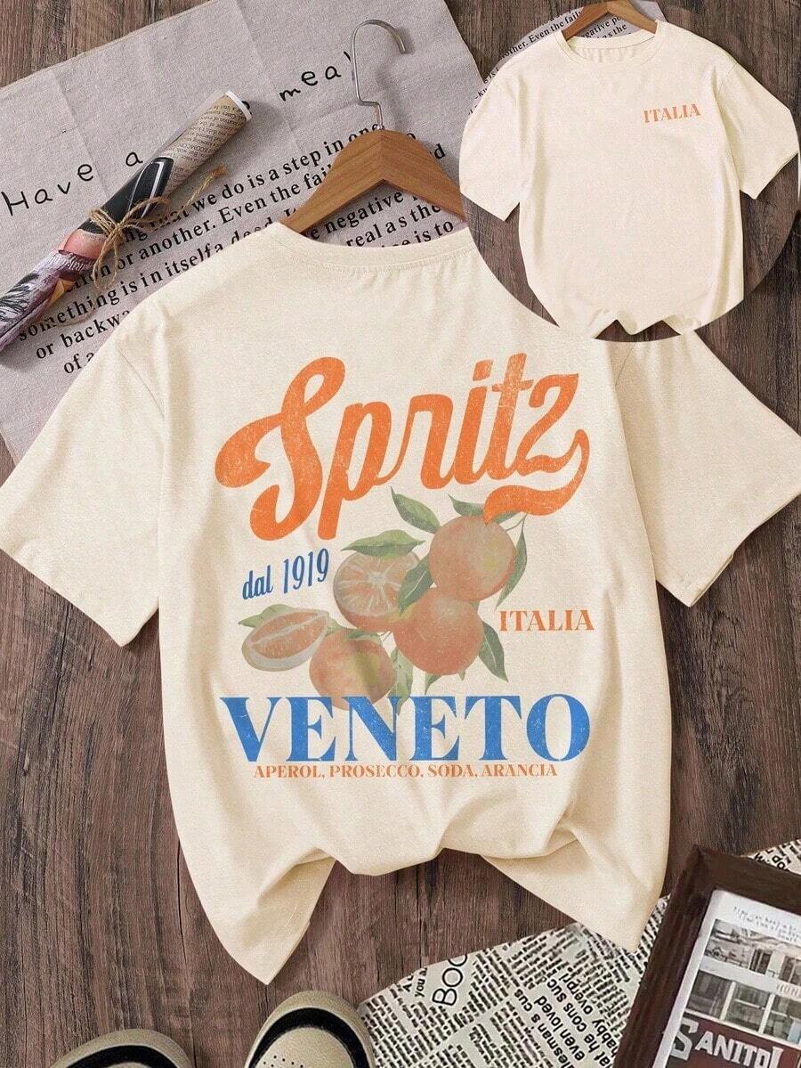 Women's Clothing, Summer Fruit Print T-Shirt, Italian Letter Print T-Shirt, Venetian Snack Print T-Shirt, Prosecco, Soft Drinks And Oranges, Women's Shirts. - 杏色 - 查看 1