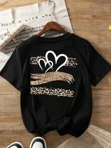 Printed T-Shirt With Designs On The Front And Back, Leopard Heart Print, Leopard Glove Print, Round Neck, Short Sleeves,  And Casual Style, Double-Sided Printed Top For Women. Elegant Party Outfit, T-Shirt For Stylish Ladies, Blouses Suitable For Curvy Women, Prom Skirts, Casual Wear - 黑色 - 查看 2