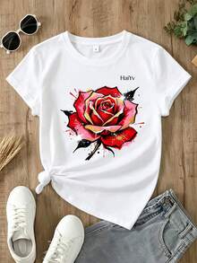Limited Time Offer, Limited Quantity Available, Flash , Women's Shirts, Women's T-Shirts. Women's Oversized White T-Shirt, Short Sleeve Round Neck, Red Rose Graffiti Print With Gold Details, Casual Artistic Urban Style For Everyday Wear - 白色 - 查看 2