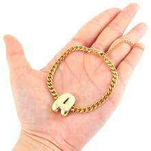 1 Peça Nova Pulseira de Corrente Cubana de Aço Inoxidável Dourado com Inicial Simples em Forma de Bolha para Mulheres - Ouro amarelo - Visão 3