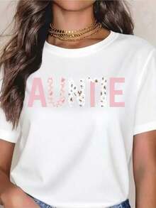 PremiumAuntie Women's T-Shirt, White With Graphic Print, Pink Lettering And Leopard Print, Lovely Gift For Auntie For Mother's Day, Birthday Or Family Gathering, Casual Summer T-Shirt For Women, Gift Idea - 白色 - 查看 1