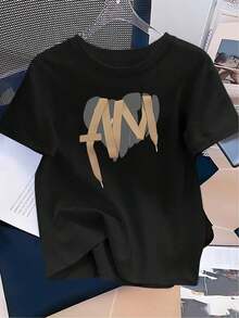 Women's And Teens' Black Short Sleeve T-Shirt - Cute 'MNM' Heart Print And Gold 'I AM' Lettering, Soft, Lightweight, Casual, Summer, Crew Neck, Everyday Wear, Versatile For All Seasons, Machine Washable, Great For Parties. Women's Blouses > Clothing - 黑色 - 查看 7