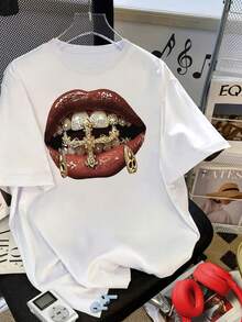 New Casual Short-Sleeved T-Shirt For Women, 100% Cotton, 180g Weight, Hop Style, Gold Tooth Print, Loose Round Neck, White, Machine Washable, Suitable For Spring And Summer. - Can Be Worn As A Base Layer In Spring And Autumn Or Alone In Summer, Unisex. - 白色 - 查看 1