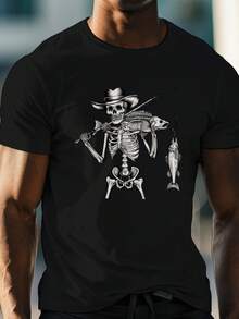 Men's Pure Cotton T-Shirt With Fishing Skull Print - Pure Cotton, Casual, Comfortable, Breathable, Crew Neck, Short Sleeve, Summer Top 180g - 黑色 - 查看 6