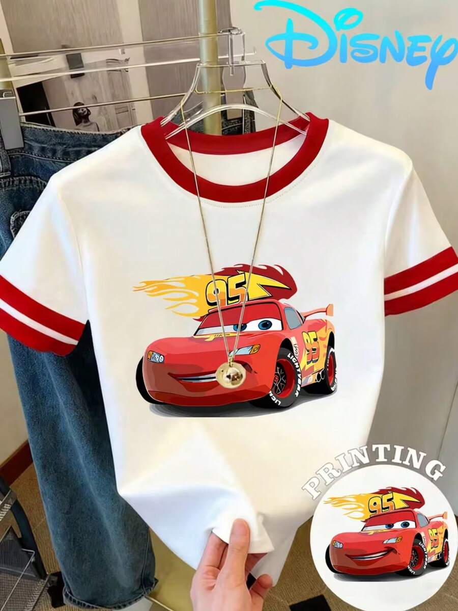 Disney Authorized Ladies Y2K Color Matching Summer Round Neck Short Sleeve T-Shirt-Breathable Round Neck Casual Top With LightningMcQueen Flame No.95 Print Design For Daily Wear. - 白色 - 查看 1