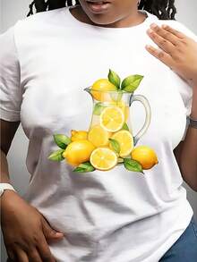 Women's Short-Sleeved T-Shirt With Vibrant Lemon Print, Lightweight And Breathable, Sizes 0XL-5XL, Perfect For Casual Wear In Spring And Summer; Fashionable Printed T-Shirt For Men, Simple Cut That Highlights Masculinity, Pure Material, Combination Of Solid And Calm Colors. - 白色 - 查看 1