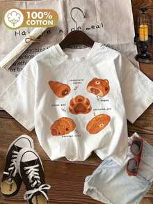 Women's Round Neck Fitted-Shirt Women's Casual Short Sleeve Crew Neck-Shirt - Cute Bread & Bear Graphic Print,% Cotton, Washable, Spring Summer Top-Suitable Daily Wear, Vacation, Party100% Cotton - 白色 - 查看 6