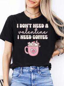 Soft 100% Cotton Women's T-Shirt For Valentine's Day. This Stylish And Casual Crew Neck T-Shirt With Short Sleeves Is Perfect For Everyday Wear, Sports, And Sports. Its Unique Coffee Print Makes It A Great Gift For Friends And Family. This Breathable Cotton T-Shirt Is Versatile And Easy To Pair With Anything. - 黑色 - 查看 1