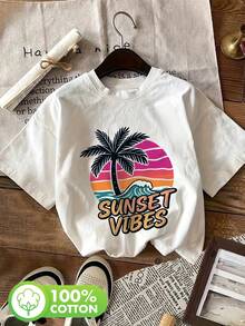 | Exquisite Design | Loose And Comfortable | Easy To Match | Women's Summer Clothes, Retro Style Casual Sunset Print T-Shirts, Short Sleeve, Round Neck, Pure Cotton [LangK] - White - View 7