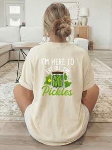 Camiseta de Verano Premium Estampada para Mujer [Estampado a Doble Cara], Camiseta de Manga Corta con Cuello Redondo, Estampado de Pepinillo Verde y Texto, Lavable a Máquina, Adecuada para Uso Casual, Ropa Multiusos, Camiseta Moderna y a la Moda, Material Cómodo, para Entusiastas del Estilo. - Albaricoque - Ver 3