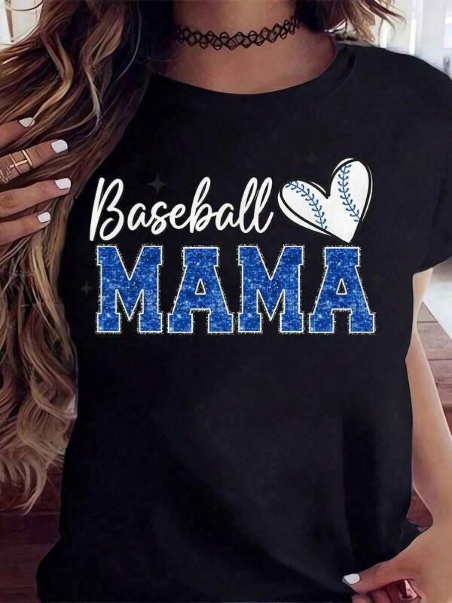 Women's Plus Size Cotton Graphic T-Shirt - Blue Glitter Heart Design With Stitch Detail - Perfect Gift For Baseball Mom, Mother's Day Or Game Day Outfit, 220g, Y2K, Men's Oversized T-Shirt, Women's Summer Printed Casual T-Shirt, Short Sleeve And Crew Neck, Local Urban Spring/Summer Fashion. - 黑色 - 查看 1