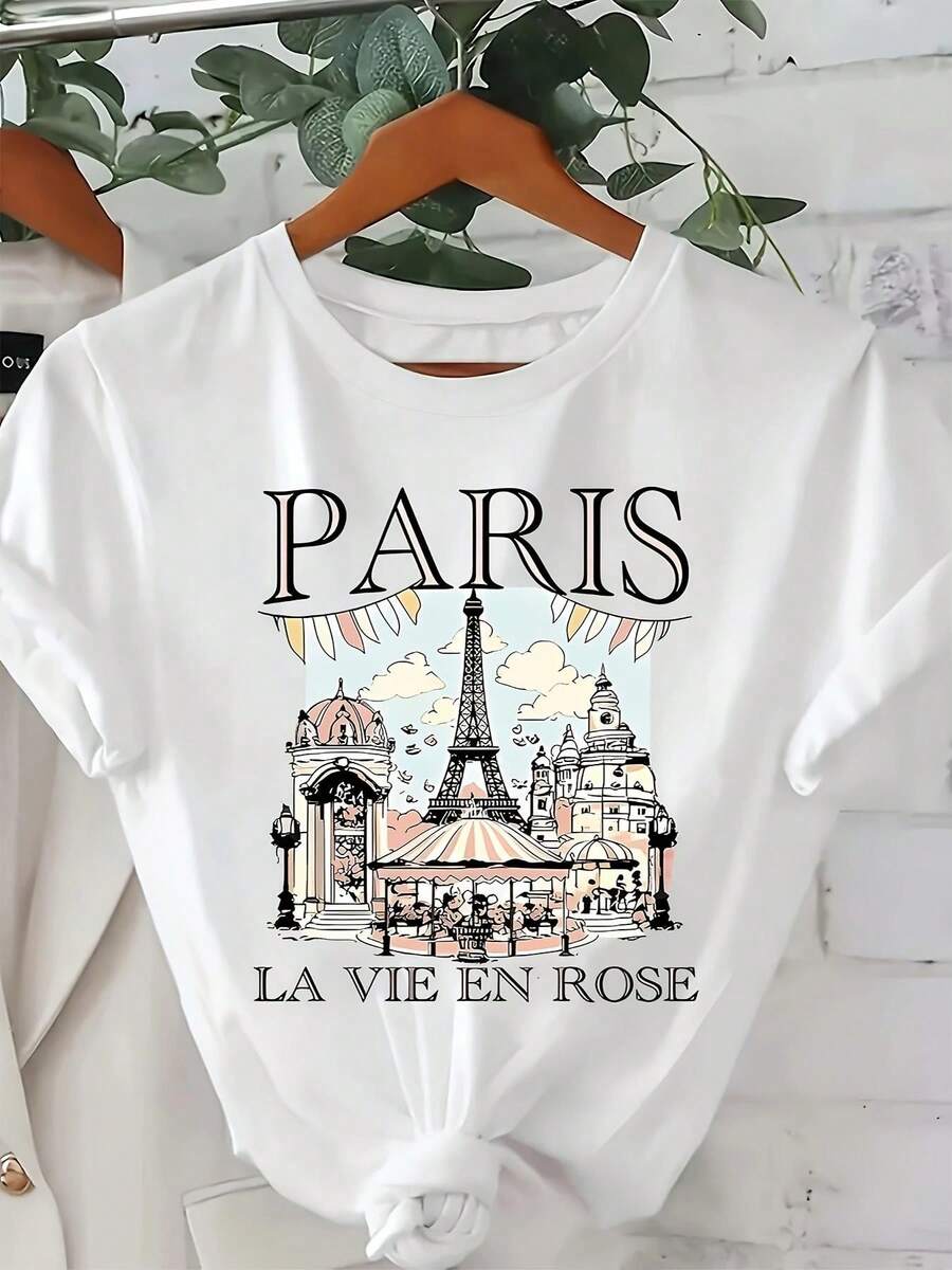 Camiseta Elegante con Estampado de París para Hombre y Mujer de Tallas Grandes - Camiseta de Manga Corta con Cuello Redondo para Navidad Francesa, Top Casual de Primavera/Verano con la Torre Eiffel y Frases Francesas, Lavable a Máquina, Apta para Todas las Temporadas - Blanco - Ver 1