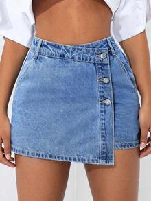 PETITE Short vaquero sexy con bolsillo frontal, cruce de cintura y abotonado para mujer - Azul lavado medio - Ver 7