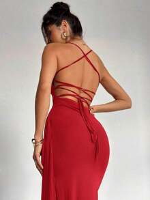 Vestido de estilo elegante y romántico para mujer, adecuado para fiesta, vacaciones, vuelta al colegio, cita romántica y boda, vestido de fiesta con escote en pico, cuello halter, espalda descubierta, efecto fruncido y lazo - Rojo - Ver 4