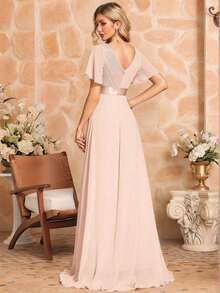 Vestido de dama de honor con cuello en V elegante, mangas con volantes y mariposa, color verde salvia, vestido de invitada de boda, vestido de primavera semi-formal para boda, fiesta de cumpleaños, graduación, Día de San Valentín - Champán 2 - Ver 2