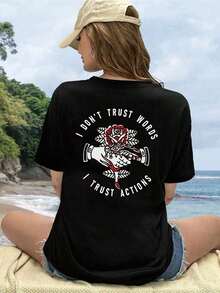 Women's Casual Summer Short Sleeve T-Shirt With Floral Print And Slogan "I DON'T TRUST WORDS, I TRUST ACTIONS" Graphic T-Shirts For Women - 黑色 - 查看 3