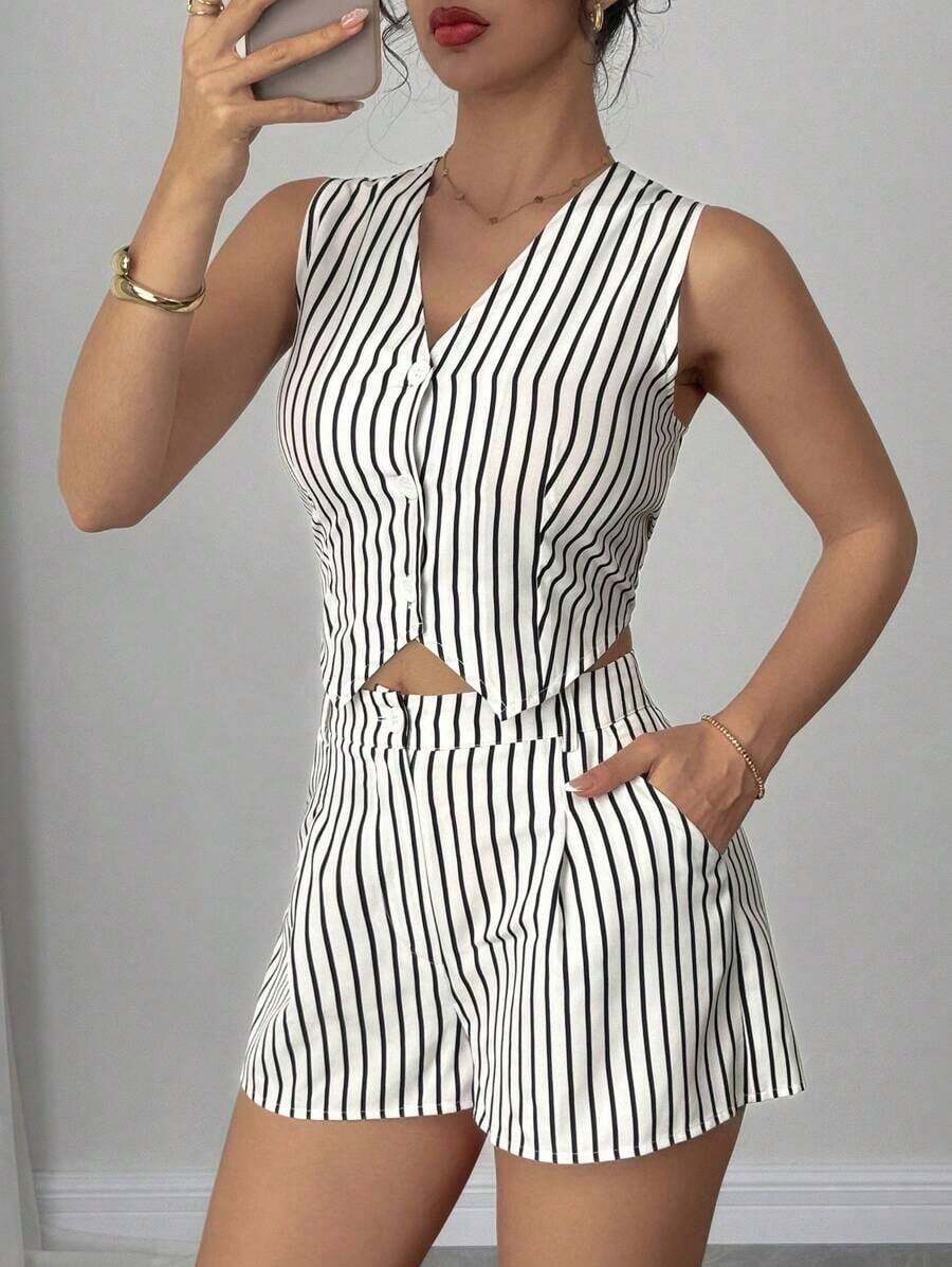 Conjunto de 2 piezas de chaleco y shorts casuales a rayas para mujer de verano - Blanco y Negro - Ver 1