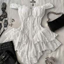 Women's Casual Retro Corset Lace Bodycon Asymmetrical Hem Mini Dress, Suitable For Y2K,Summer Dresses For Women - Blanco - Ver 1