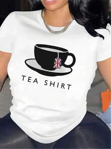 1 camiseta de mujer con estampado de té de estilo británico - Camiseta suave de manga corta con cuello redondo, adecuada para uso diario casual y eventos de temática británica - Lavable a máquina, 180g, 100% algodón. - Negro - Ver 8