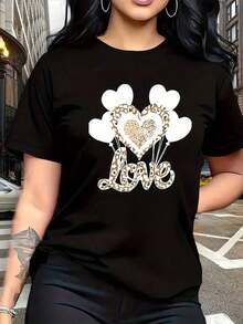 Women's Cotton Crew Neck Casual Graphic Tees: Wild And Soft Coexistence, And Heart-Shaped Balloon Pattern With Leopard Print. Women's Short Sleeve Crew Neck T-Shirt, Modern And Casual, Easy And Versatile For Leisure, Travel, And Vacations. 134191 100% Cotton. Simple T-Shirt For Everyday Wear - 黑色 - 查看 7