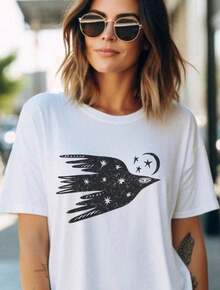 Camiseta con diseño de pájaro celestial, pájaro volador, cielo nocturno, luna y estrellas, estilo vintage, camiseta con estampado gráfico envejecido, estilo bohemio, diseño boho, camiseta de arte popular, estampado de arte popular, 195g, 1 pieza, 100% algodón, camiseta para mujer y divertida. - Blanco - Ver 6