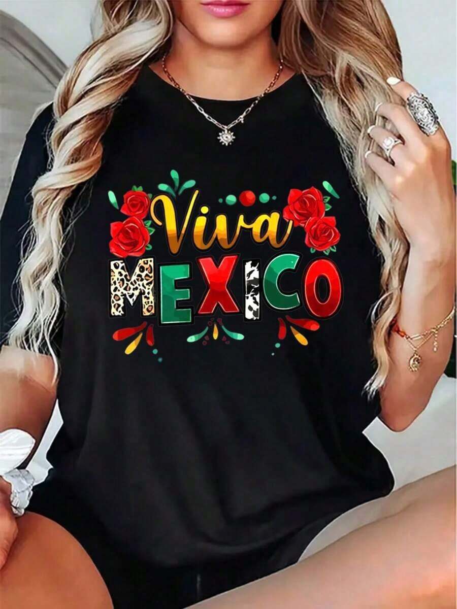 Women's Casual T-Shirt, Casual Style With Floral Design And Viva Mexico Text, Ideal For Summer And Festivals, Perfect Gift For Friends And Family. - 黑色 - 查看 1
